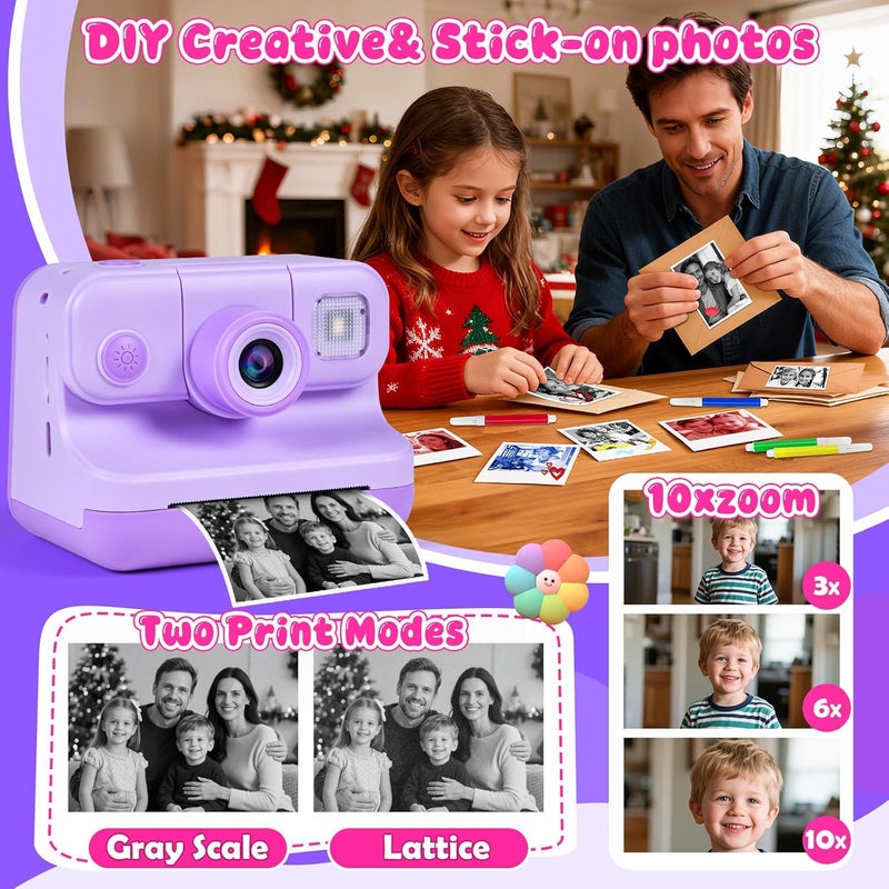 Elecoutek Kids Instant Print Camera, 30MP 1080P HD Digital Camera for Boys Girls with Color Pens & 32GB Card, Christmas Birthday Gifts Kids Toys for 3-12 Years Old (Purple) - Image 5